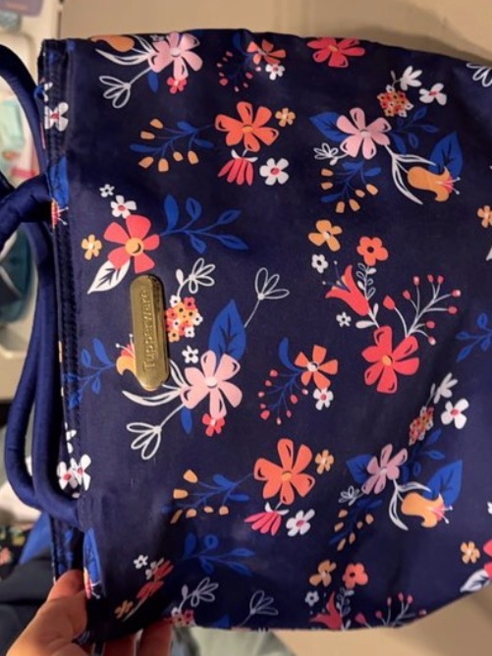 Navy Floral Crossbody Tote with Pink & Coral Flowers